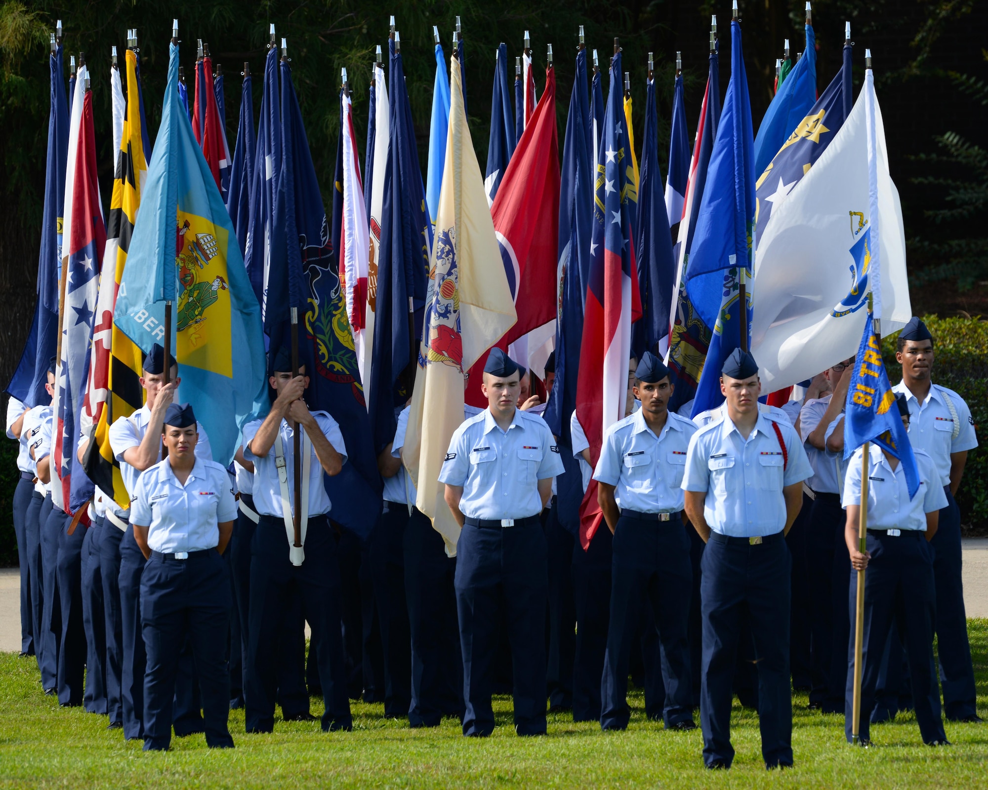 Airmen from the 81st Training Group stand in formation during the 2nd Air Force change of command ceremony at the Levitow Training Support Facility Aug. 23, 2017, on Keesler Air Force Base, Miss. Maj. Gen. Timothy Leahy took command of 2nd AF during the ceremony from Maj. Gen. Bob LaBrutta. (U.S. Air Force photo by Senior Airman Travis Beihl)