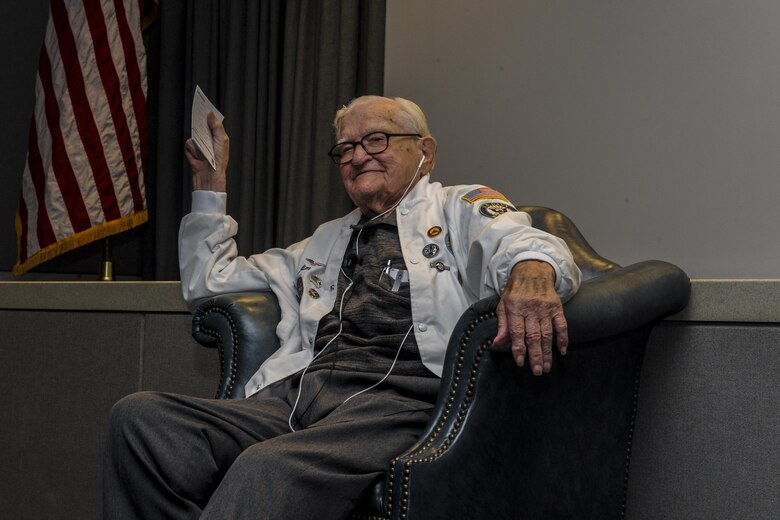 Retired Navy Lt. Jim Downing addresses Air Commandos at Hurlburt Field, Fla., Aug. 10, 2017.