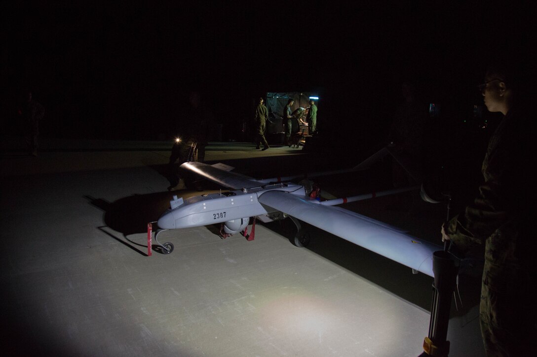 U.S. Marines with Marine Unmanned Aerial Vehicle Squadron 4, Marine Aircraft Group 41, Marine Forces Reserve prepare to launch the RQ-7 Shadow Tactical Unmanned Aircraft System on Camp Pendleton, Calif., August 19th, 2017.