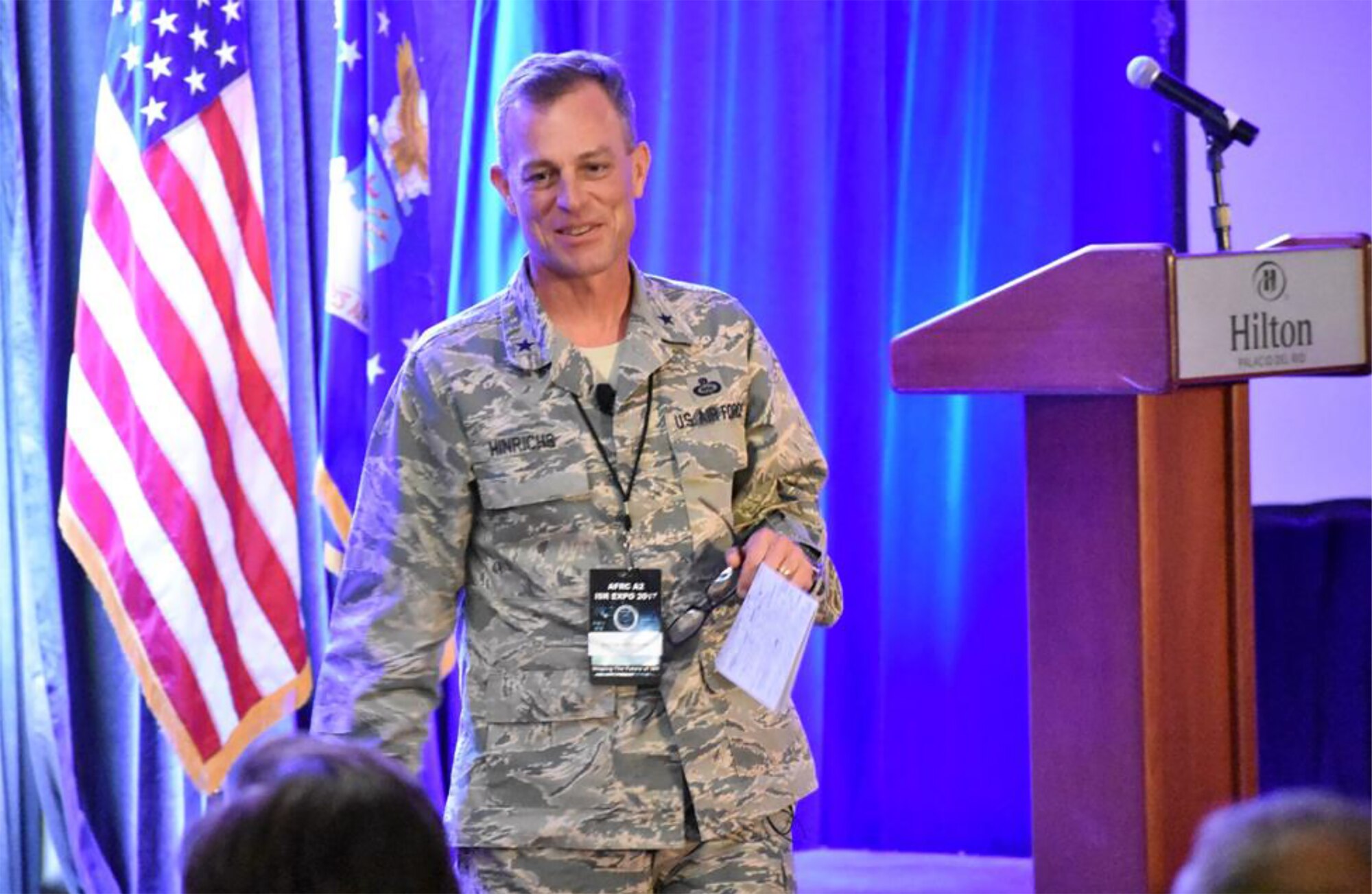 Brig. Gen. Jeffrey S. Hinrichs, Individual Mobilization Augmentee to the 480th Intelligence, Surveillance and Reconnaissance Wing commander, speaks on Air Reserve Command support to the National Intelligence Agency at the 2017 AFRC ISR Expo