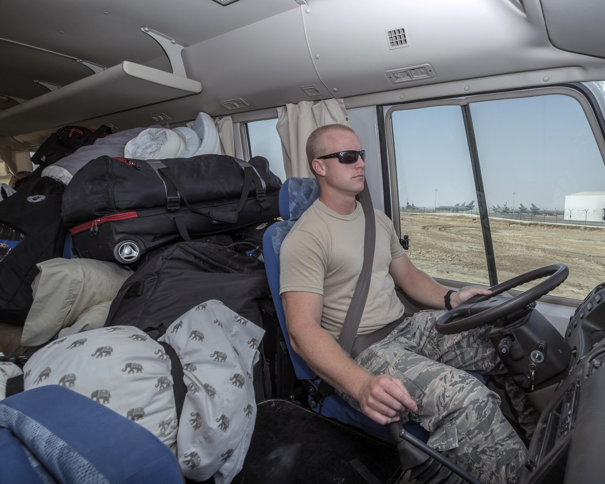 Senior Airman Tyler Sullivan, 380th Expeditionary Logistics Readiness Squadron vehicle operator, drives a surrey Aug. 23, 2017, at Al Dhafra Air Base, United Arab Emirates.