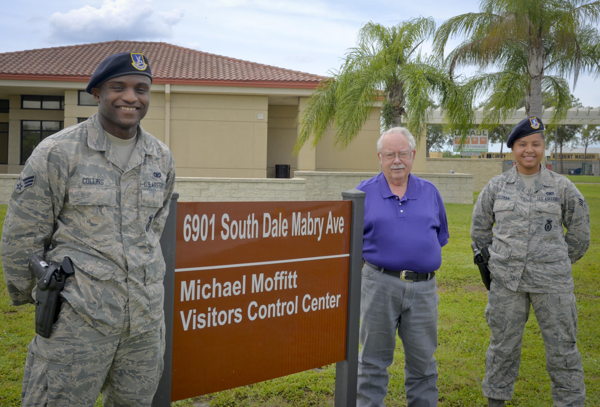 U.S Air Force security forces members pause for a photo outside of the visitor center at MacDill Air Force Base, Fla., Aug. 24, 2017. The visitor center is one of the base’s first lines of defense to preventing potential security threats from entering. (U.S. Air Force photo by Senior Airman Mariette Adams)