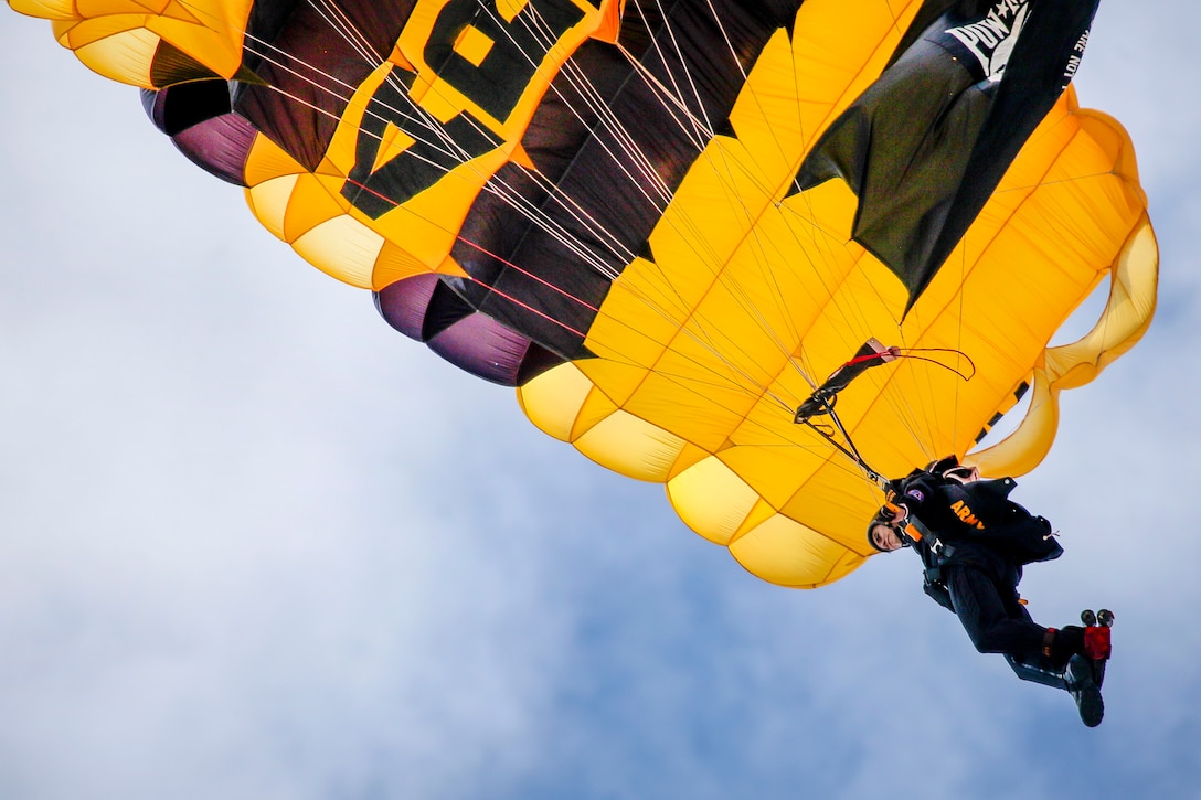 A member of the Golden Knights, the U.S. Army Parachute Team, descends.