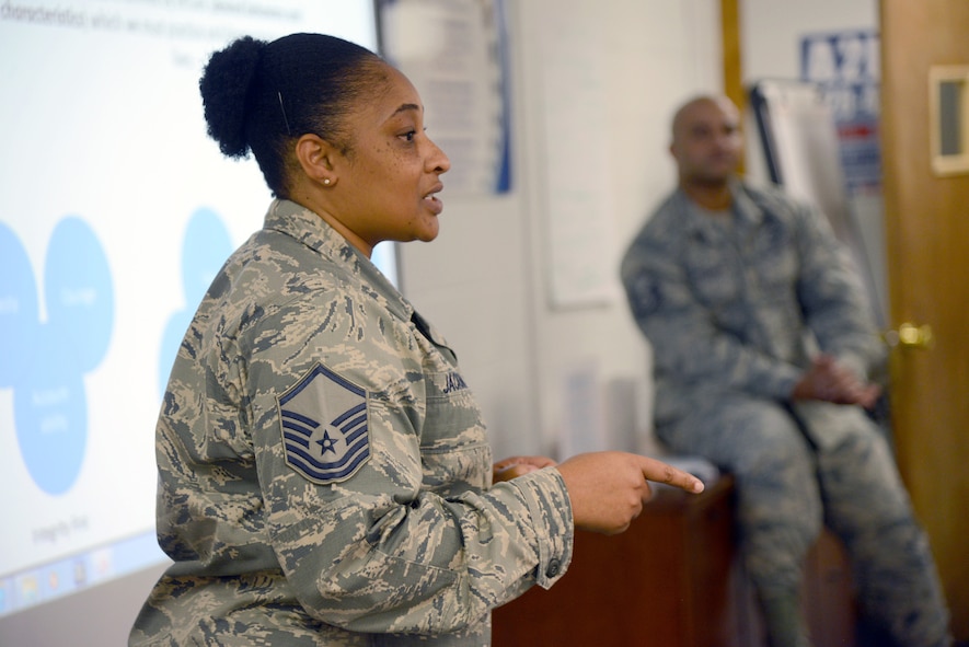 Master Sgt. Debbie Jackson, a 552nd Air Control Wing Career Assistance Advisor (as of Oct. 2017) at Tinker's First Term Airman Course, leads a discussion about "TLC"-Trust, Loyalty and Commitment-with the Airmen in FTAC's most recent class.
