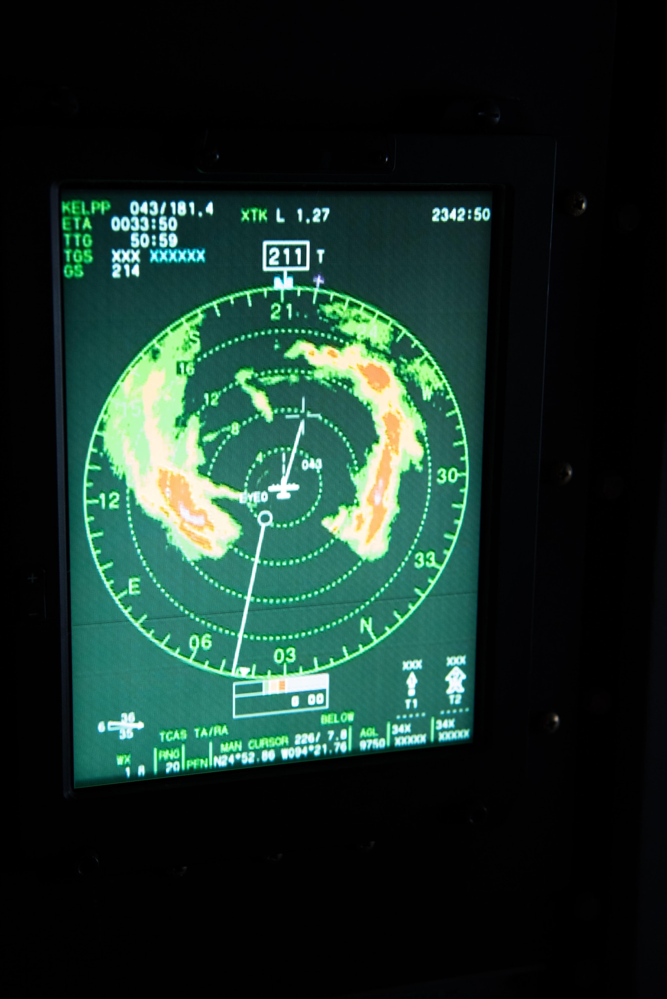 The radar on a WC-130J Super Hercules aircraft shows the eye wall of Hurricane Harvey during a flight into the storm Aug. 24, 2017 out of Keesler Air Force Base, Mississippi. (U.S. Air Force photo/Staff Sgt. Heather Heiney)