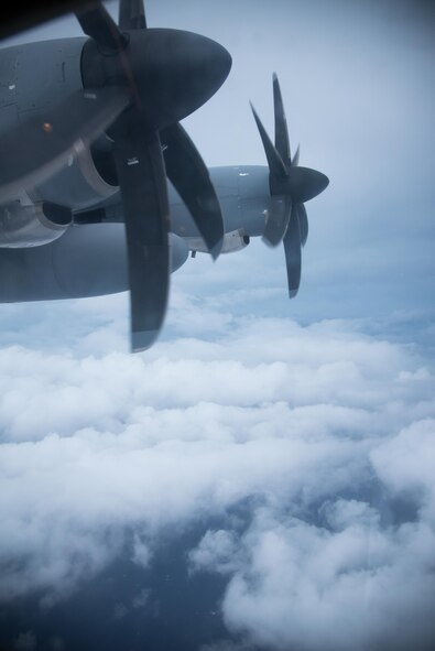 The propellers of a WC-130J Super Hercules aircraft spin in the center of Hurricane Harvey during a flight into the storm Aug. 24, 2017 out of Keesler Air Force Base, Mississippi. (U.S. Air Force photo/Staff Sgt. Heather Heiney)
