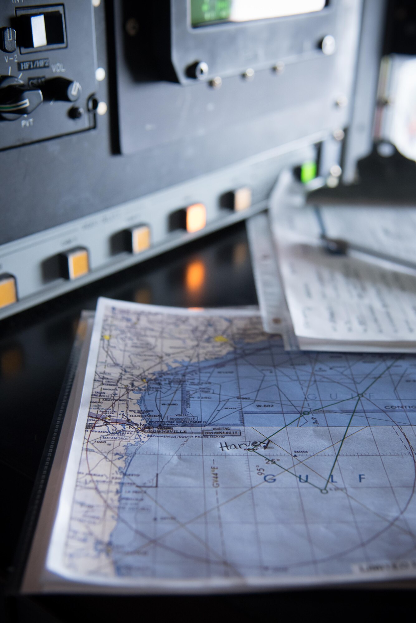 A map of the Gulf of Mexico rests on the aerial reconnaissance weather officer station of a WC-130J Super Hercules aircraft during a flight into Hurricane Harvey Aug. 24, 2017 out of Keesler Air Force Base, Mississippi. (U.S. Air Force photo/Staff Sgt. Heather Heiney)