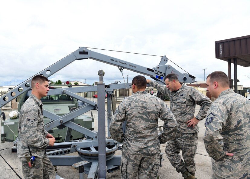 U.S. Air Force Airman 1st Class Michael Conard (left), 325th Maintenance Squadron aerospace ground equipment technician, describes trouble shooting procedures for a crane to Col. Michael Hernandez (2nd from right), 325th Fighter Wing commander, while on the flightline at Tyndall Air Force Base, Fla., Aug. 4, 2017. Conard was selected by his leadership to be shadowed by the wing commander due to his work ethic and for exemplifying the Air Force core values, thanks to the commander’s Airman Shadow Program.
