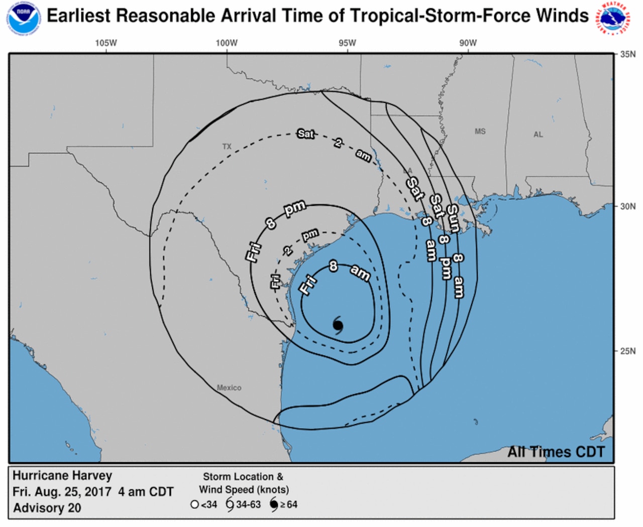 Map showing Hurricane Harvey's projected path