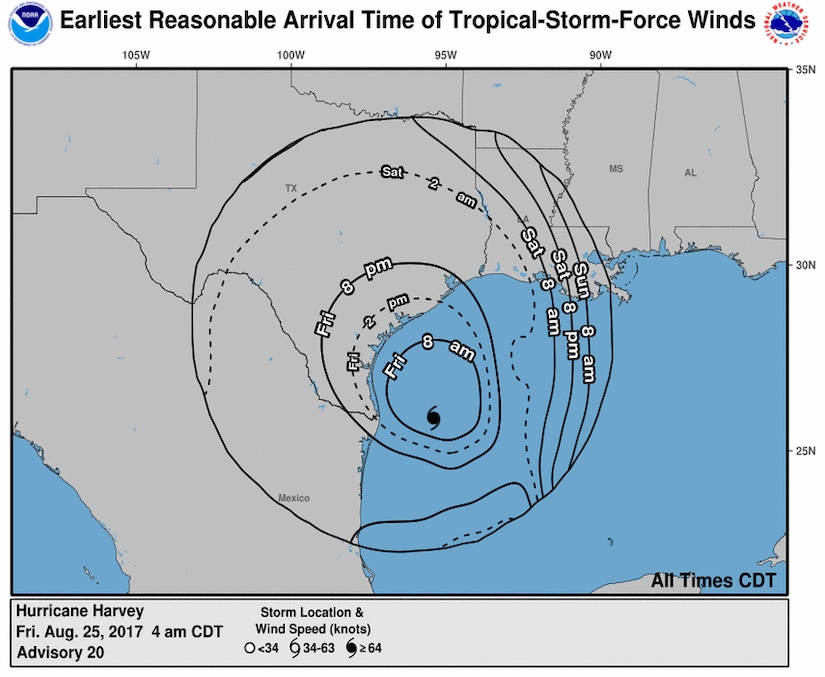 Map showing Hurricane Harvey's projected path