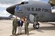 Left to right, Col. Larry Shaw, 434th Air Refueling Wing commander, U.S. Rep. Jim Banks and Lt. Col. Todd Moody, 434th Operations Group commander, pose for a photo in front of a KC-135 Stratotanker during a tour of Grissom Air Reserve Base, Ind., Aug. 23, 2017. During the tour the Congressman met with Airman and learned about the mission of the unit. (U.S. Air Force graphic/Tech. Sgt. Benjamin Mota)