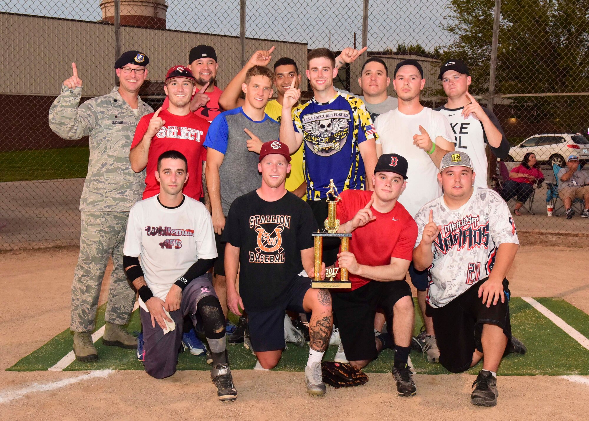 The 509th Security Forces Squadron (SFS) A Team wins the 2017 intramural softball championship at Whiteman Air Force Base, Mo., Aug. 15, 2017. The SFS A Team defeated the 131st Maintenance Squadron 20-8.