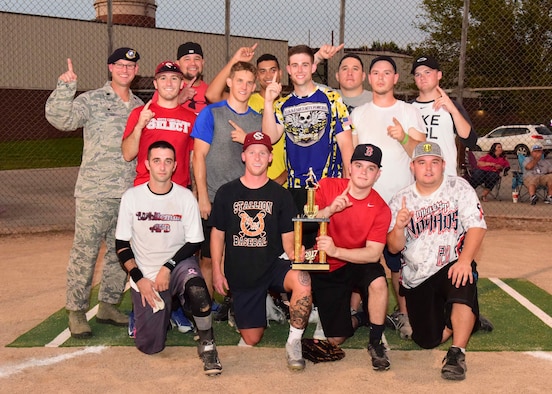 The 509th Security Forces Squadron (SFS) A Team wins the 2017 intramural softball championship at Whiteman Air Force Base, Mo., Aug. 15, 2017. The SFS A Team defeated the 131st Maintenance Squadron 20-8.