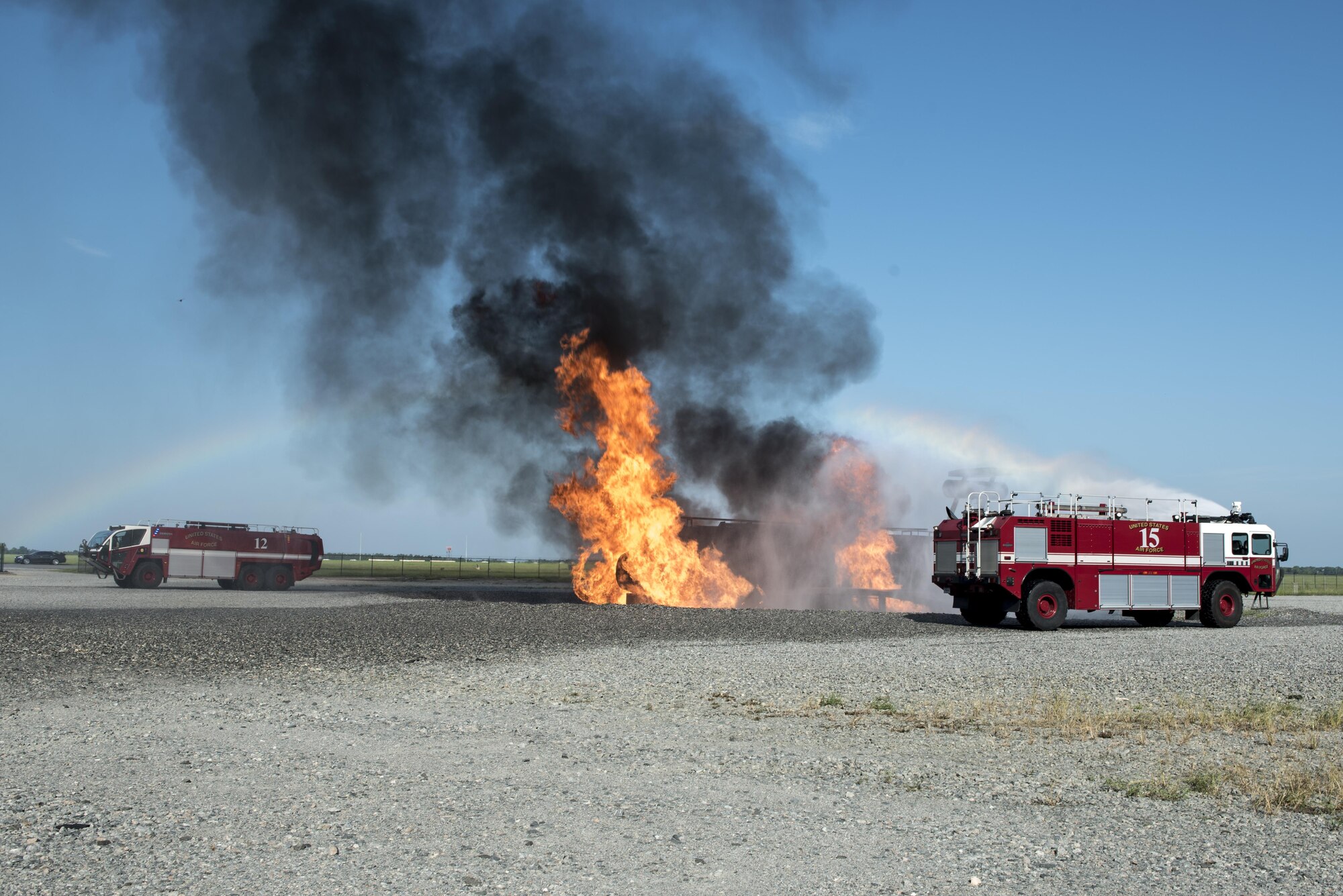 Firefighters from the 23d Civil Engineer Squadron conduct live fire training at Moody Air Force Base, Ga., Aug. 24, 2017. This training is an annual requirement for Moody firefighters and is just one of the ways they stay ready to protect people, property and the environment from fires and disasters. (U.S. Air Force photo by Staff Sgt. Olivia Dominique)