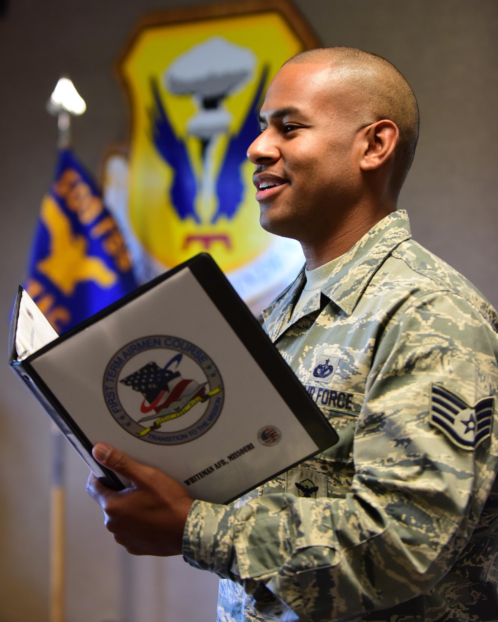 U.S. Air Force Staff Sgt. Bryan Robinson, the First Term Airmen Course (FTAC) NCO in charge, prepares for the next class at Whiteman Air Force Base, Mo., Aug. 17, 2017. FTAC is designed to help develop Air Force personnel with a mission mindset, character and core values.