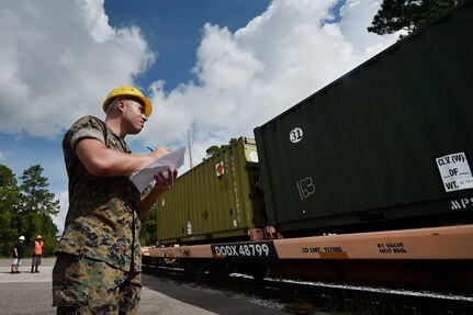 U.S. Marine Cpl. Melvin Willis, Naval Munitions Command Marine Corps Liaison Office member, inspects containers carrying munitions during an inspection at the Joint Base Charleston Weapons Station, S.C., Aug. 21. Marines attached to the NMC’s Marine Corps Liaison Office are responsible for inspecting munitions containers to ensure they are receiving safe quality items during the download. These Marines work alongside NMC civilians and members of the U.S. Air Force 628th Logistics Readiness Squadron to prepare them for transport to their final destination.