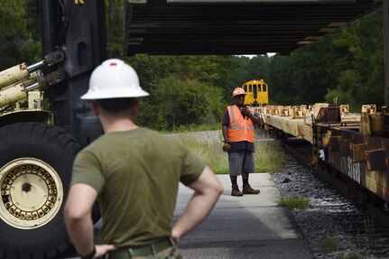 U.S. Marine Lance Cpl. Matthew Wright, foreground, Naval Munitions Command Marine Corps Liaison Office member, observes Vernon Bankston, background, 628th Logistics Readiness Squadron ground transportation braker switchman, as he communicates with a train conductor during a munitions container download at Joint Base Charleston’s Naval Weapons Station Aug. 21. Marines attached to the NMC’s Marine Corps Liaison Office are responsible for inspecting munitions containers to ensure they are receiving quality items that are safe to use. These Marines work alongside NMC civilians and members of the U.S. Air Force 628th LRS during the download of containers in preparation for transport to their final destination.