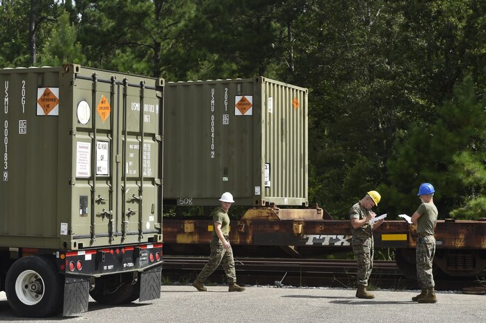U.S. Marines from the Naval Munitions Command Marine Corps Liaison Office, record munitions container information during an inspection at the Joint Base Charleston Weapons Station, S.C., Aug. 21. Marines attached to the NMC’s Marine Corps Liaison Office are responsible for inspecting munitions containers to ensure they are receiving safe quality items during the download. These Marines work alongside NMC civilians and members of the U.S. Air Force 628th Logistics Readiness Squadron to prepare them for transport to their final destination.