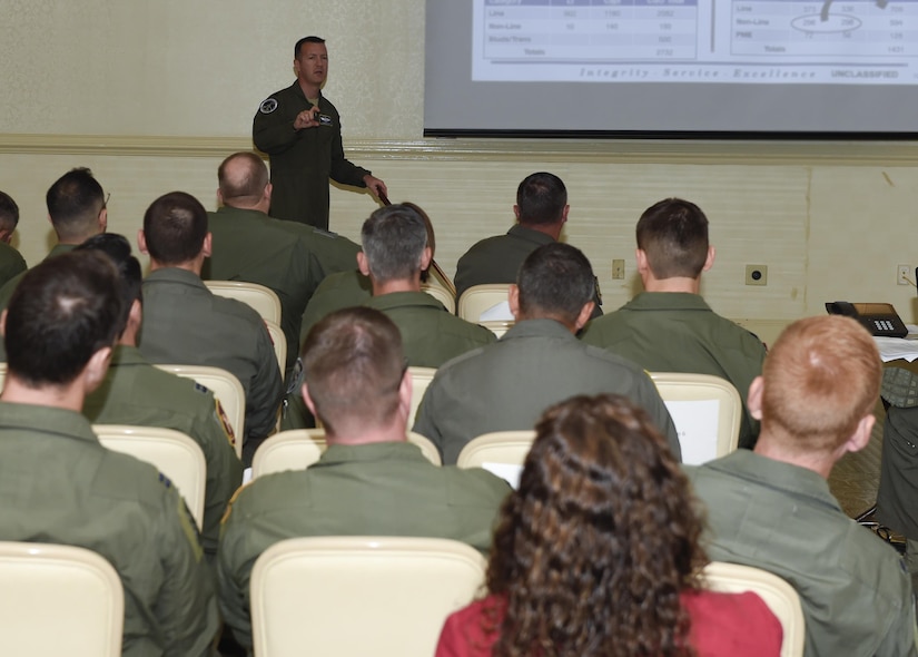Attendees of the aircrew retention summit discuss one of nine working group areas Aug. 15 during a two-week aircrew retention summit as part of a holistic approach to improve readiness and capacity by increasing retention of experienced aviators.