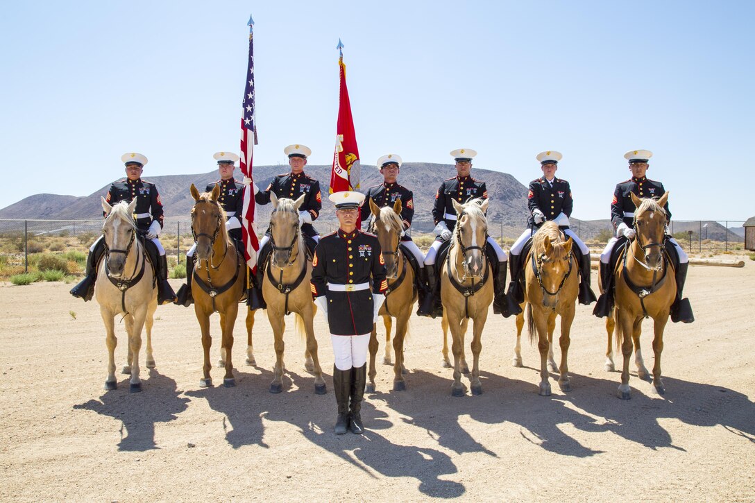 Sergeants Fernando Blanco, Jedidiah Birnie, Terry Barker, Jacob Cummins, and Corporals Nicholas Davis, Alicia Frost and Javier Castellon, and Staff Sgt. Nicholas Beberniss pose for a photos at the Lt. Col. Robert A. Lindsley Base Stables prior to departing for another event. The Corps' only remain mounted color guard unit is celebrating its 50th year of existence.