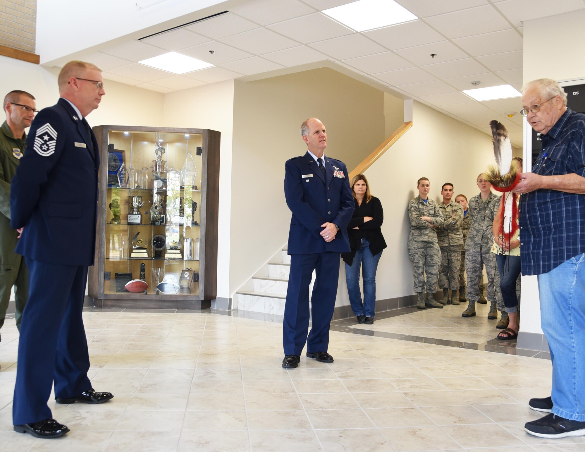 Team McConnell leadership was presented with a traditional Kaw (Kanza) Nation headdress, "roach," by Lloyd Pappan, a member of the Kaw Tribe and a retired U.S. Army Sergeant Major, Aug. 25, 2017, McConnell Air Force Base, Kan.

The 931 ARW’s roots with the Kaw stretch back to the wing’s introduction at McConnell as the 931st Air Refueling Group in 1995, as the first associate tanker unit in the Air Force. The official seal of the Kaw Nation was revealed on a McConnell KC-135 Stratotanker during a a ceremony last week.