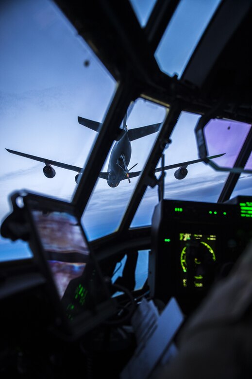 A KC-135 Stratotanker prepares to refuel an MC-130J Commando II during an aerial refueling mission over New Mexico on Aug. 23, 2017. The in-air refueling allows the MC-130J to carry its mission into harsher environments to support hostile infiltration. (U.S. Air Force photo by Staff Sgt. Charles Dickens/Released)