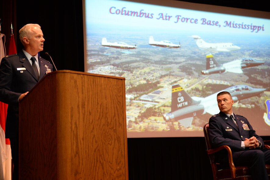 Retired Col. Todd Phinney, former Chair of the Leadership and Warfighting Department at the Air War College, speaks to Specialized Undergraduate Pilot Training Class 17-13 Aug. 18, 2017, on Columbus Air Force Base, Mississippi. SUPT graduations occur every three weeks; for every class that graduates, another class begins. (U.S. Air Force photo by Airman 1st Class Keith Holcomb)