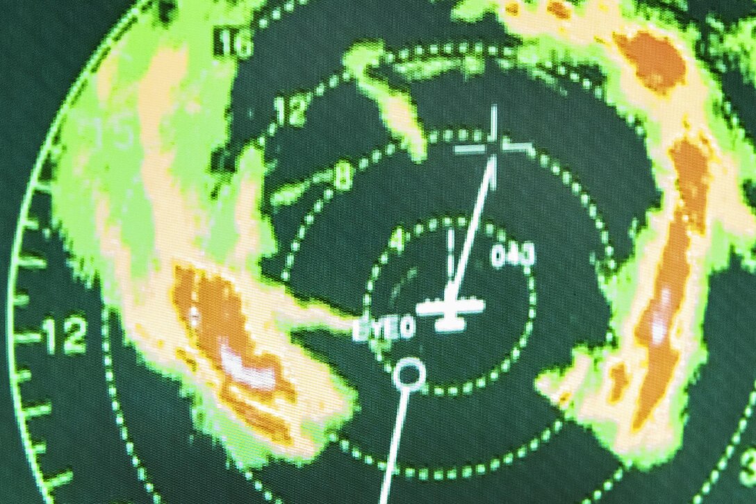 The radar on a WC-130J Super Hercules aircraft shows the eye wall of Hurricane Harvey during a flight into the storm out of Keesler Air Force Base, Miss., Aug. 24, 2017. Air Force photo/Staff Sgt. Heather Heiney