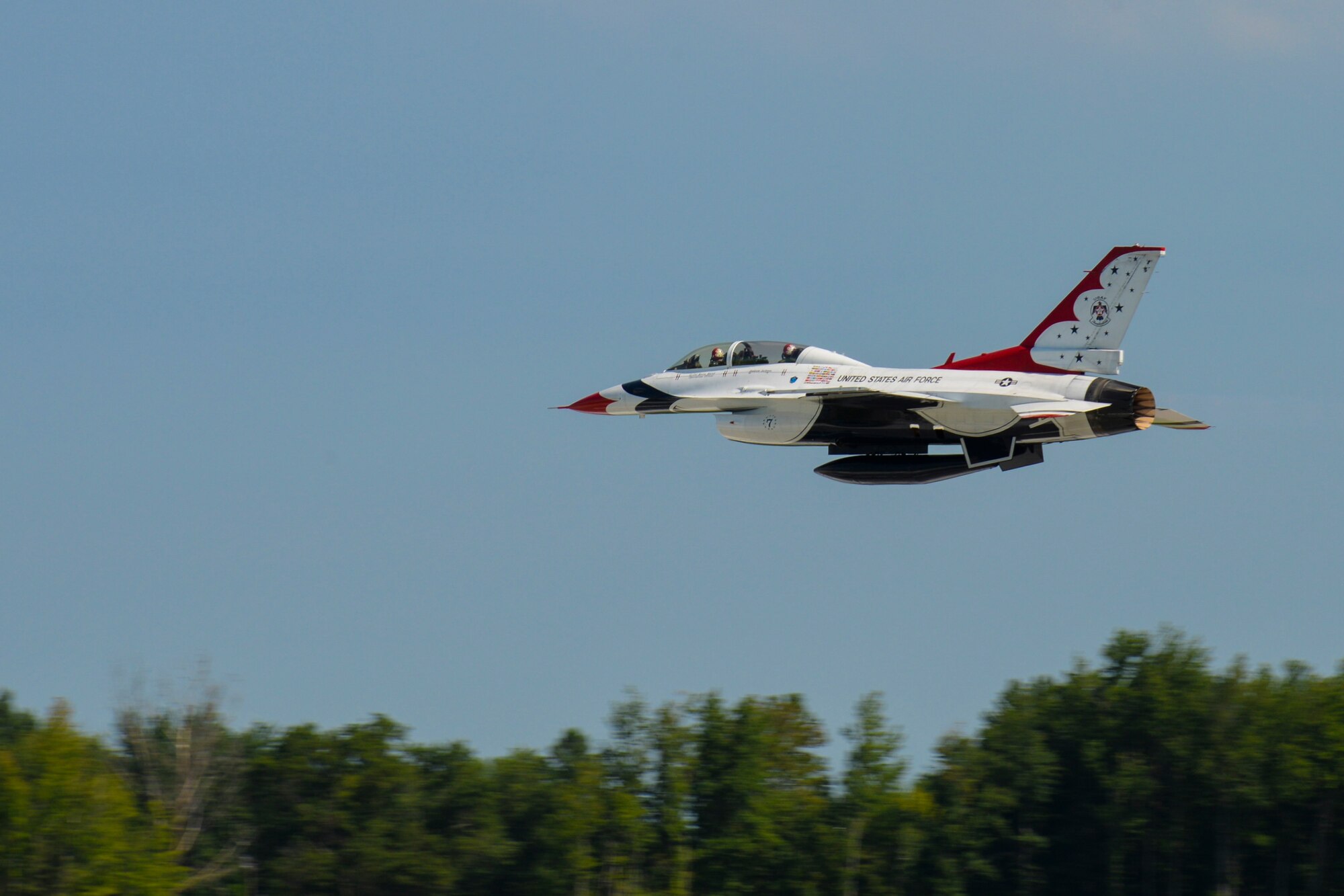 An F-16 Fighting Falcon  takes off Aug. 25, 2017, during the Thunder Over Dover Open House Family Day at Dover Air Force Base, Del. Lt. Col. Kevin Walsh, U.S.A.F. Thunderbirds operations officer, piloted the No. 7 jet with Andrew Jackson, radio host for 88.7 The Bridge, who was selected for a media flight. (U.S. Air Force photo by Staff Sgt. Aaron J. Jenne)