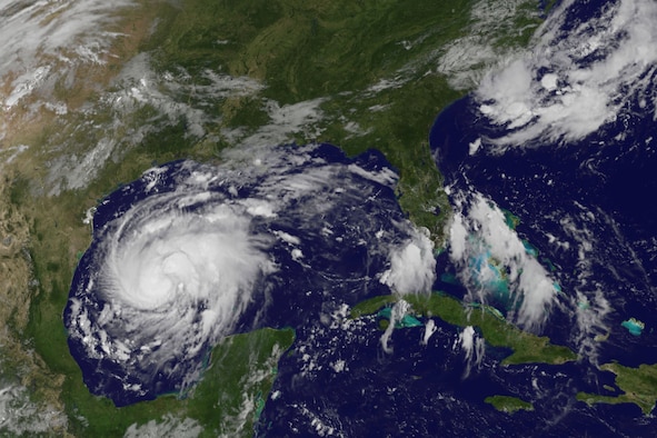 Satellite imagery of Hurricane Harvey in the Gulf of Mexico off the coast of Texas.