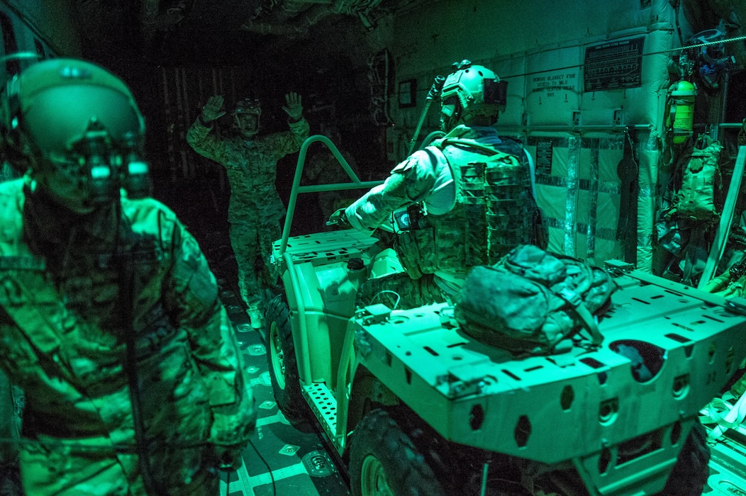 An infiltration is performed during an MC-130J Commando II night operations training mission at Cannon Air Force Base, New Mexico, Aug. 23, 2017. The MC-130J can load troops and vehicles to later be dropped into hostile areas that would otherwise be inaccessible. (U.S. Air Force photo by Staff Sgt. Charles Dickens/Released)