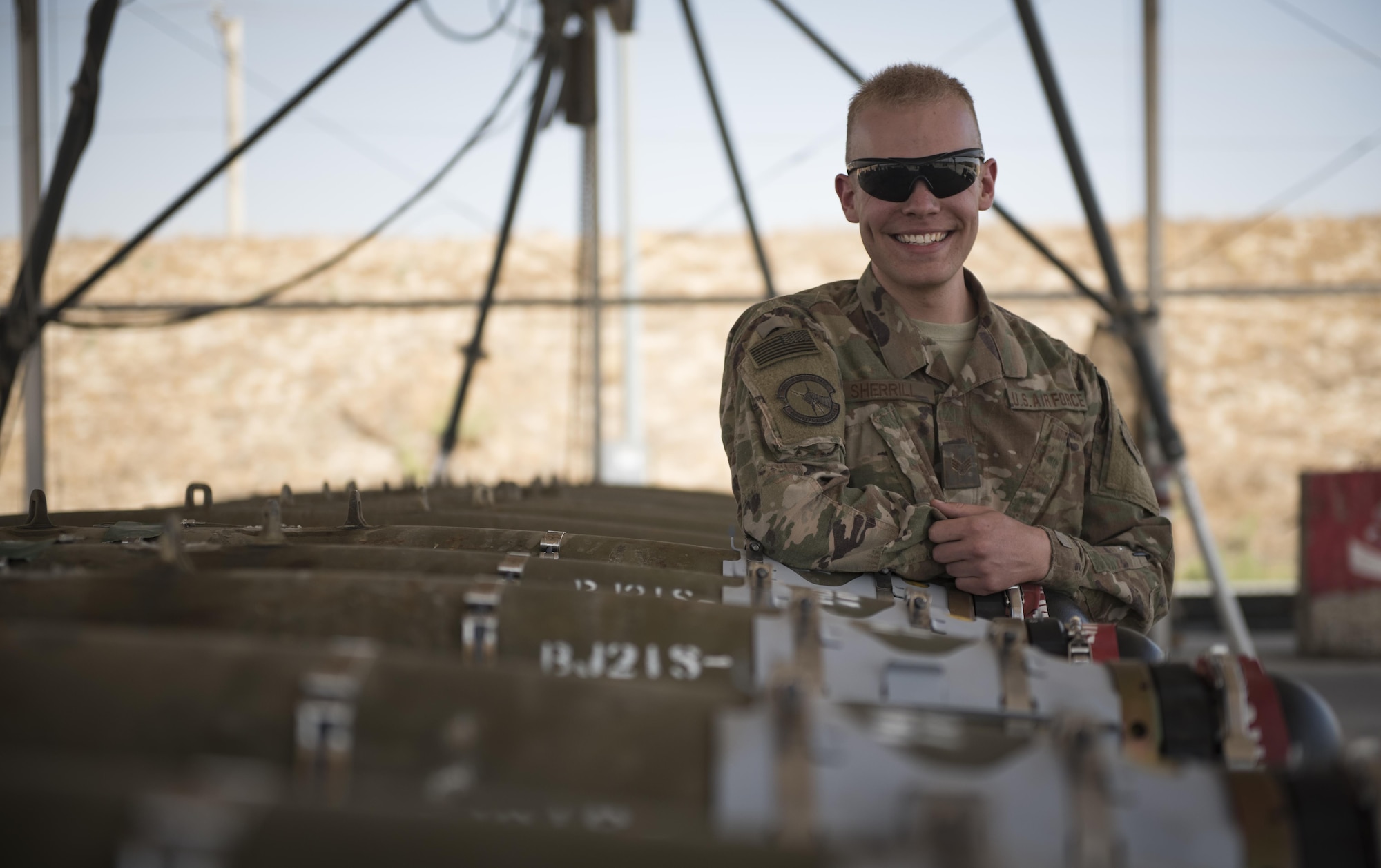 Senior Airman Clayton Sherrill is a munitions systems specialist assigned to the 455th Expeditionary Maintenance Squadron, Bagram Airfield, Afghanistan.