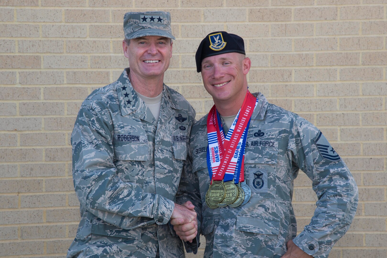 Master Sgt. Benjamin Seekell, a 343rd Training Squadron security forces instructor, received a warm welcome from a familiar face from his 2011 Afghanistan deployment: Lt. Gen. Darryl Roberson, commander of Air Education and Training Command. Seekell recently returned back to Joint Base San Antonio-Lackland from the 2017 Department of Defense Warrior Games having earned eight medals.