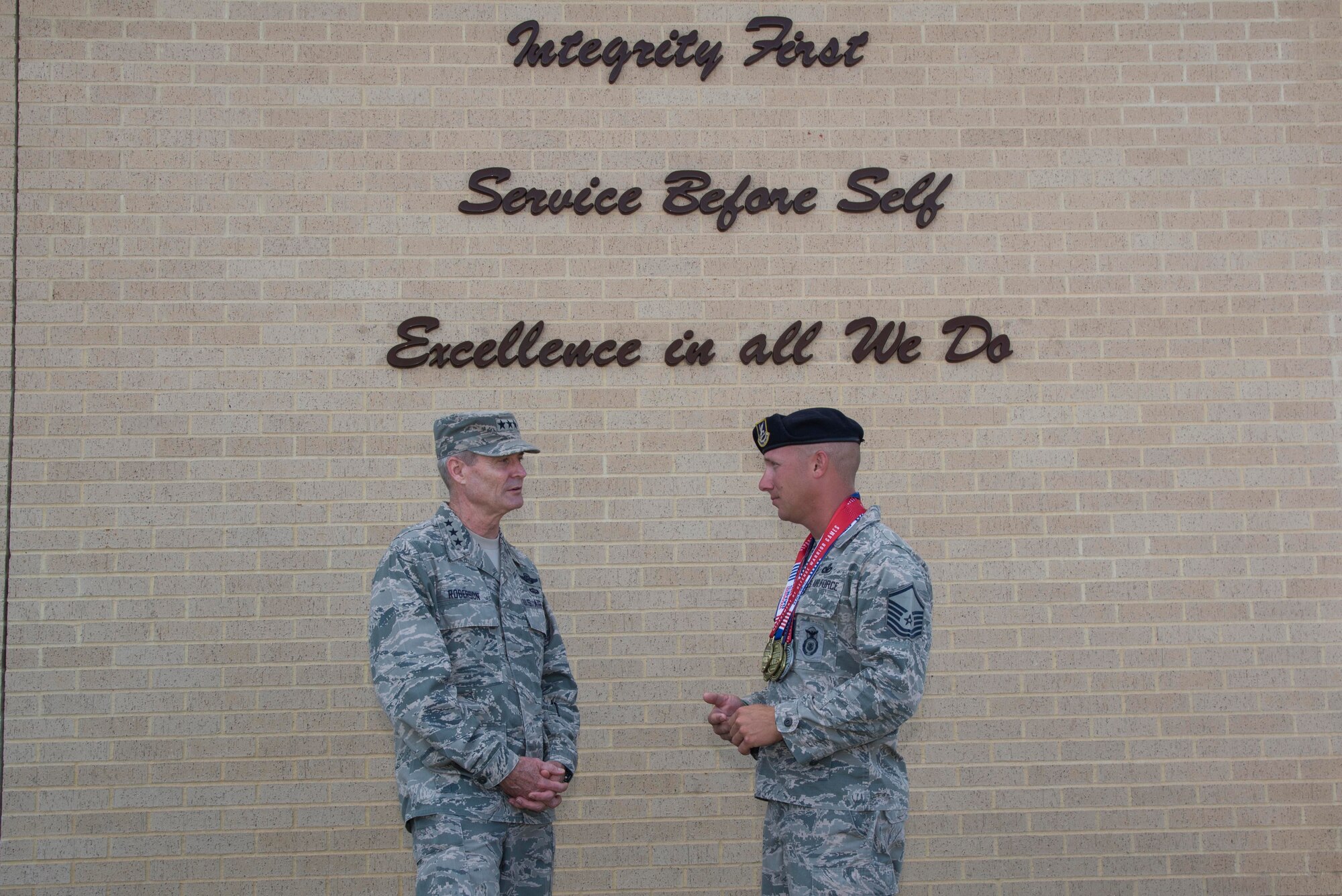 Master Sgt. Benjamin Seekell, a 343rd Training Squadron security forces instructor, received a warm welcome from a familiar face from his 2011 Afghanistan deployment: Lt. Gen. Darryl Roberson, commander of Air Education and Training Command. Seekell recently returned back to Joint Base San Antonio-Lackland from the 2017 Department of Defense Warrior Games having earned eight medals.