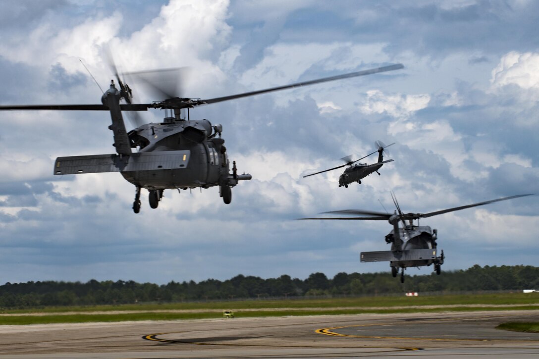 U.S. Air Force 41st Rescue Squadron HH-60G Pave Hawks take-off, Aug. 26, 2017, at Moody Air Force Base, Ga.