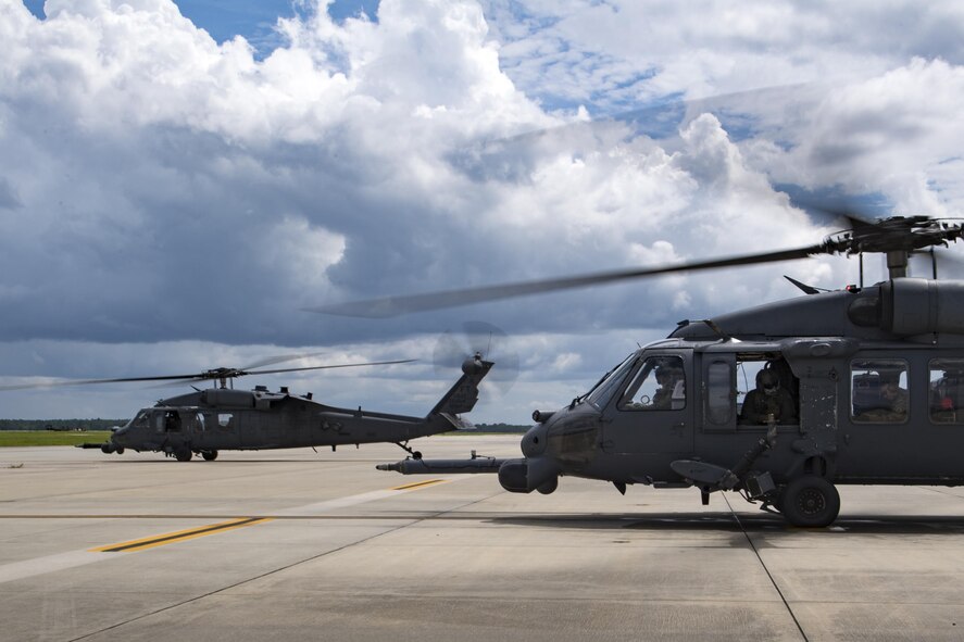 U.S. Air Force 41st Rescue Squadron HH-60G Pave Hawks prepare to launch, Aug. 26, 2017, at Moody Air Force Base, Ga.