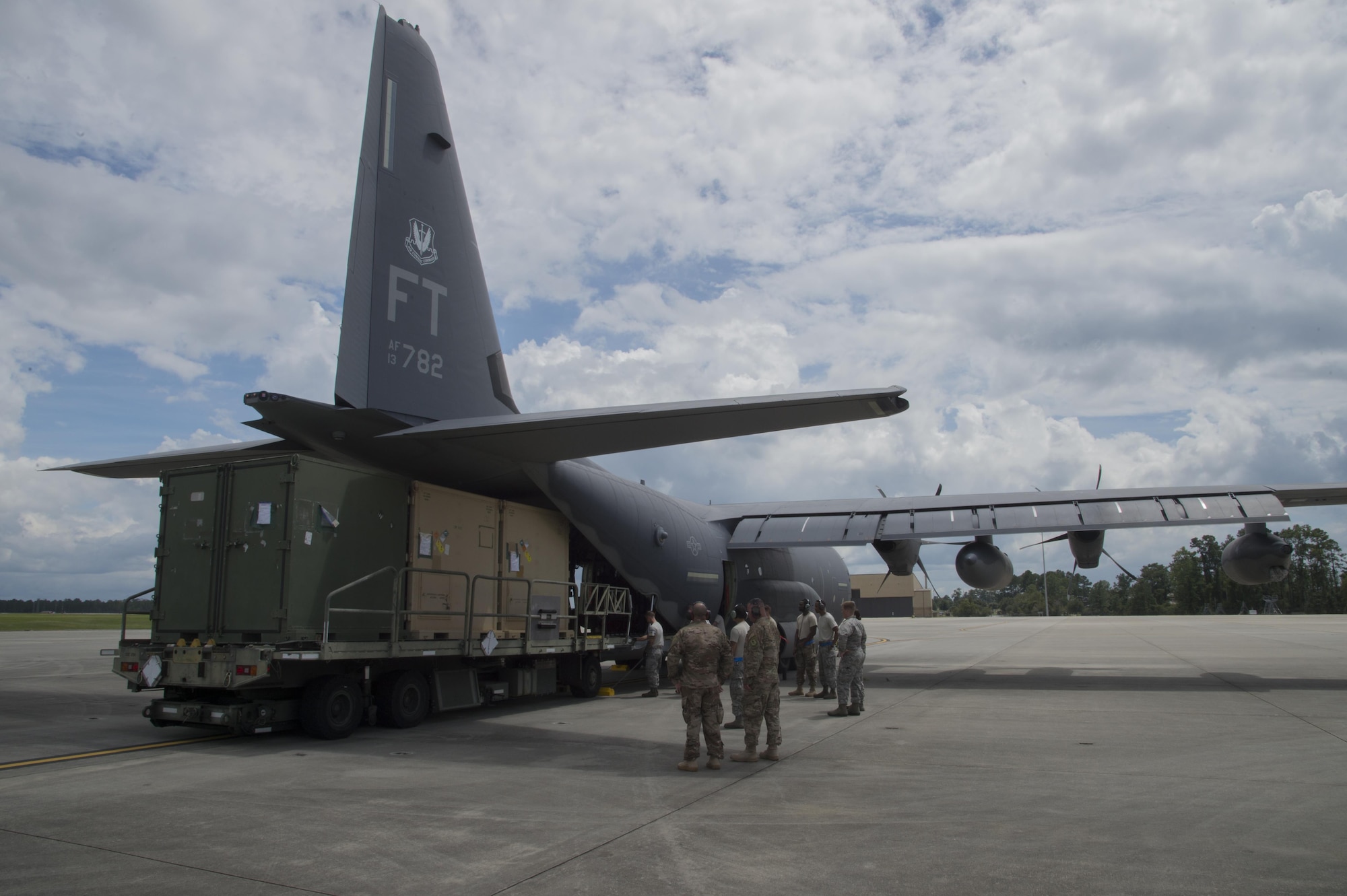 Cargo is loaded in to a HC-130J Combat King II traveling to Texas in preparation of possible hurricane relief support August 26, 2017, at Moody Air Force Base, Ga.
