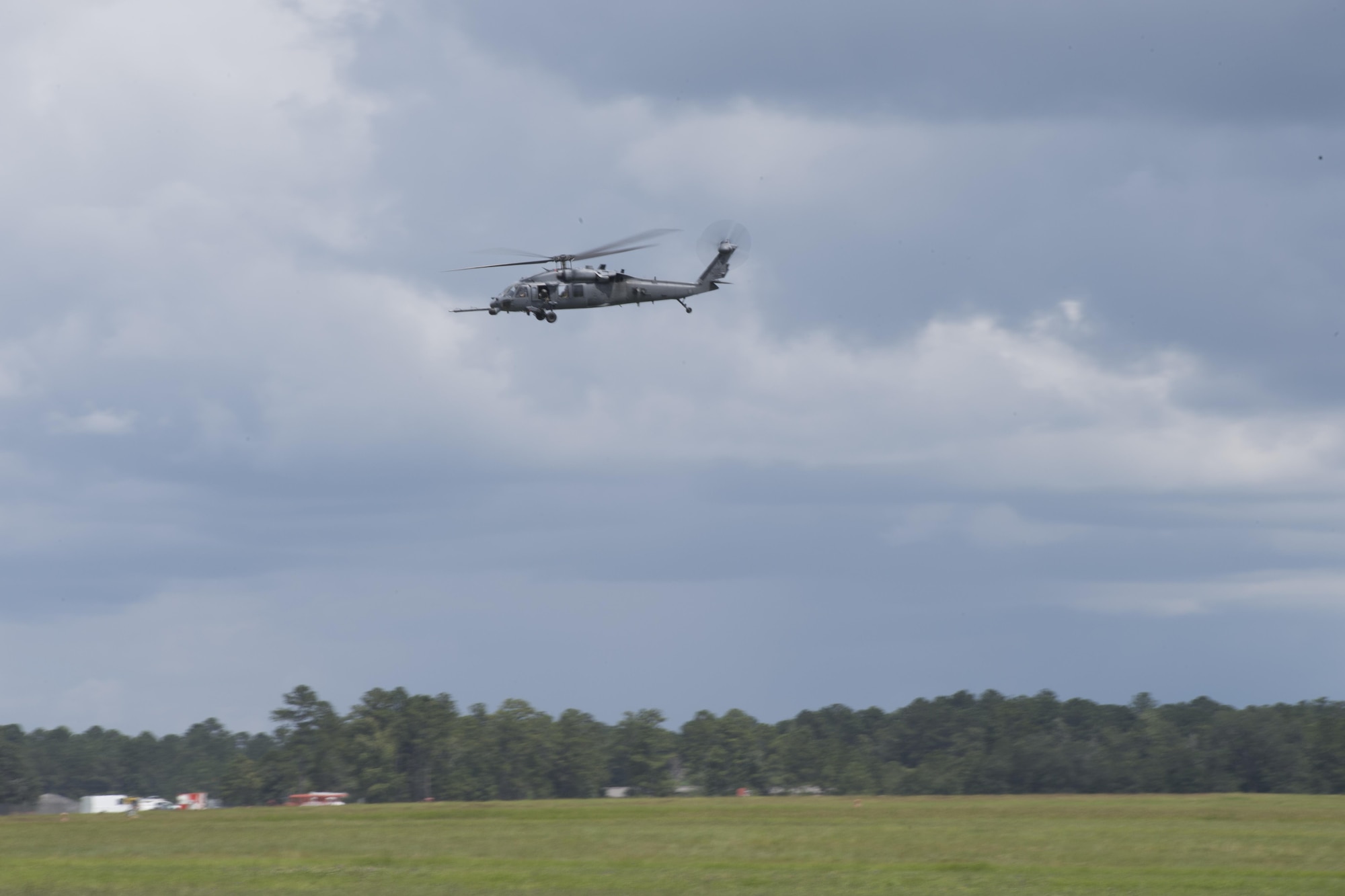 A U.S. Air Force HH-60G Pavehawk takes off in preparation of possible hurricane relief support August 26, 2017, at Moody Air Force Base, Ga.