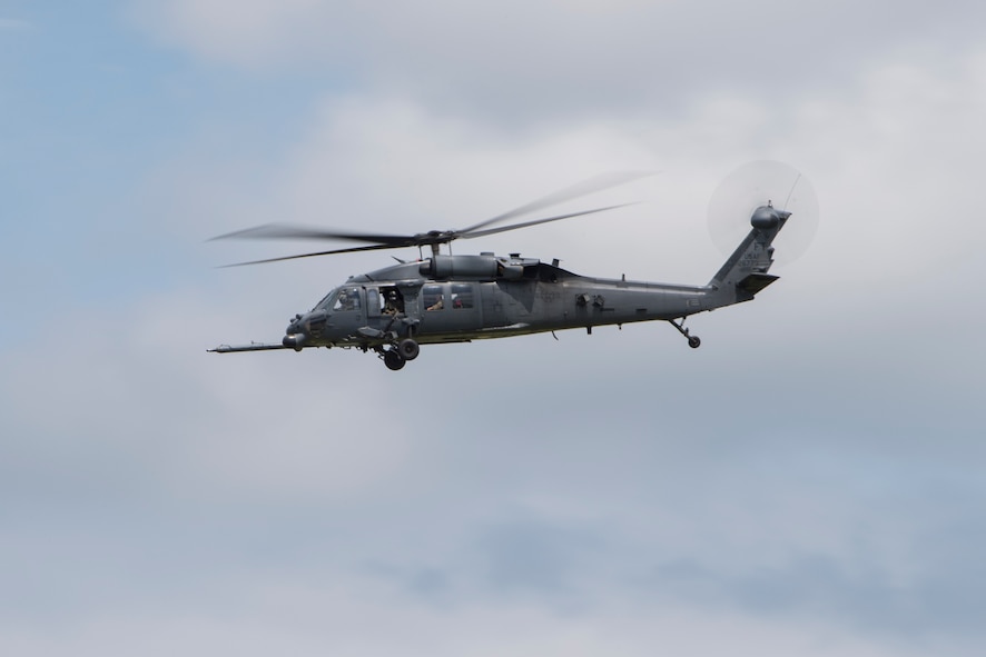 A U.S. Air Force HH-60G Pavehawk from the 41st Rescue Squadron takes off in preparation of possible hurricane relief support August 26, 2017, at Moody Air Force Base, Ga.