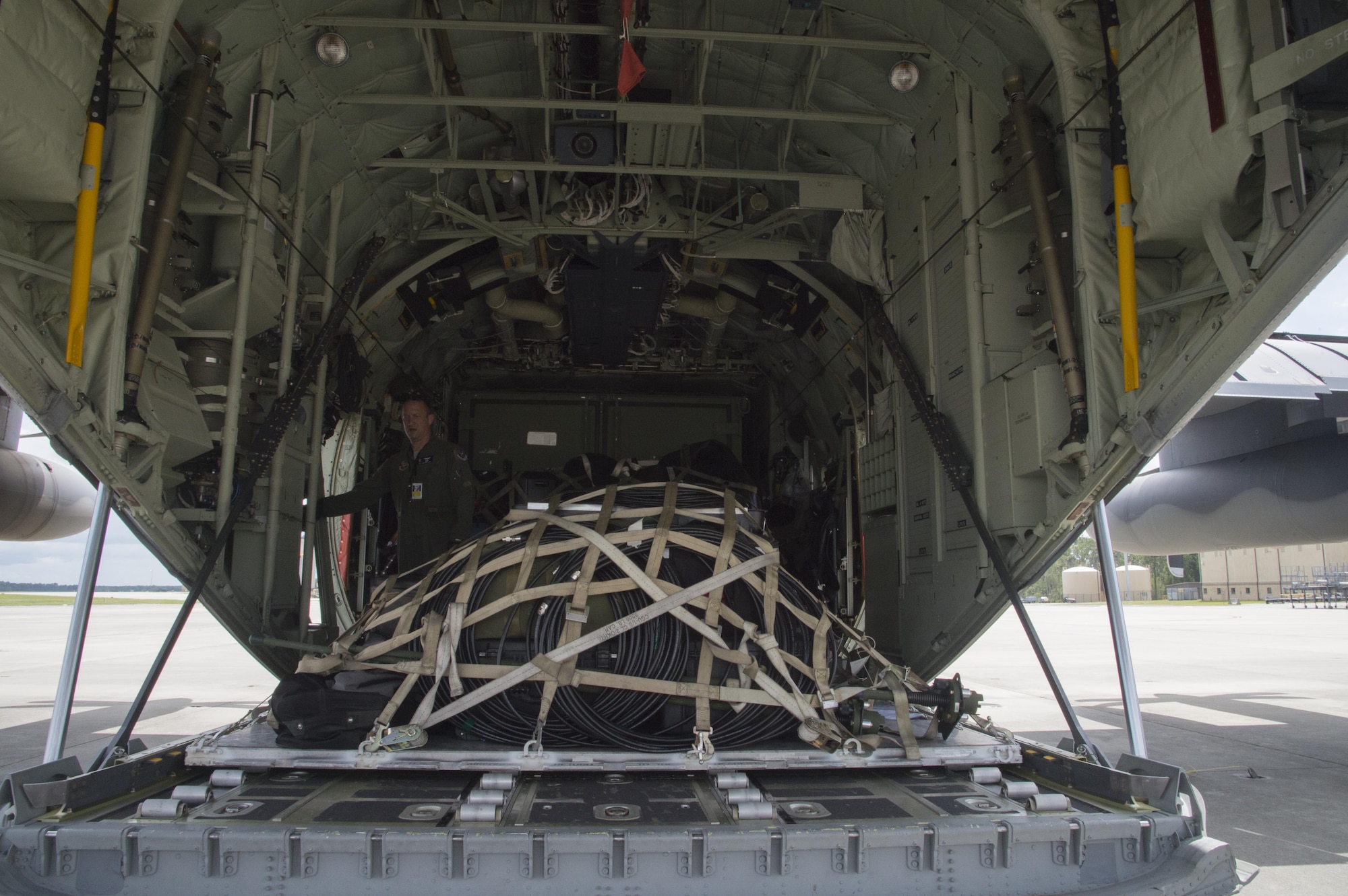 Cargo rests inside an U.S. Air Force HC-130J Combat King II traveling to Texas in preparation of possible hurricane relief support August 26, 2017, at Moody Air Force Base, Ga.