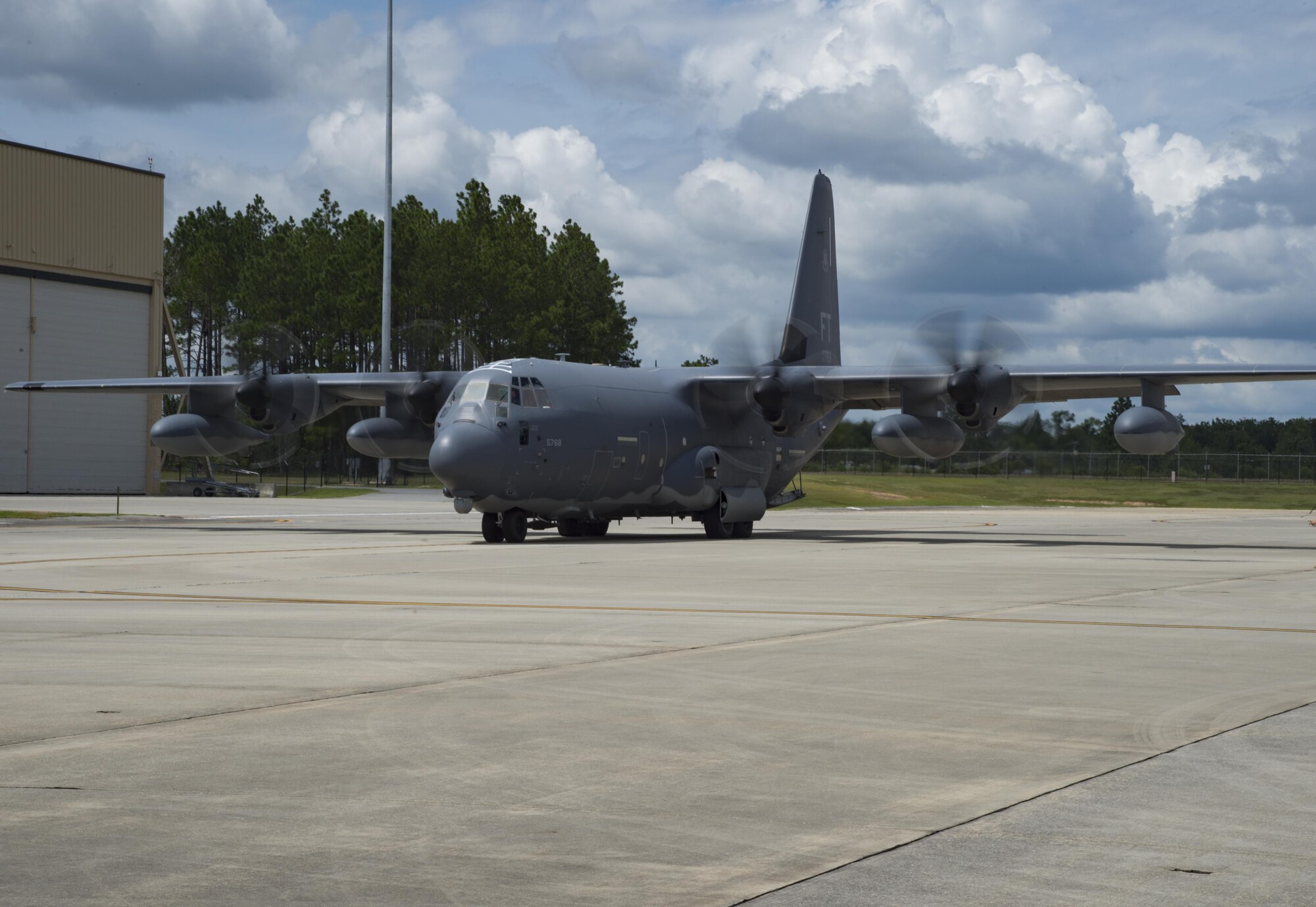 A U.S. Air Force HC-130J Combat King II prepares to take off for Texas in preparation of possible hurricane relief support August 26, 2017, at Moody Air Force Base, Ga.