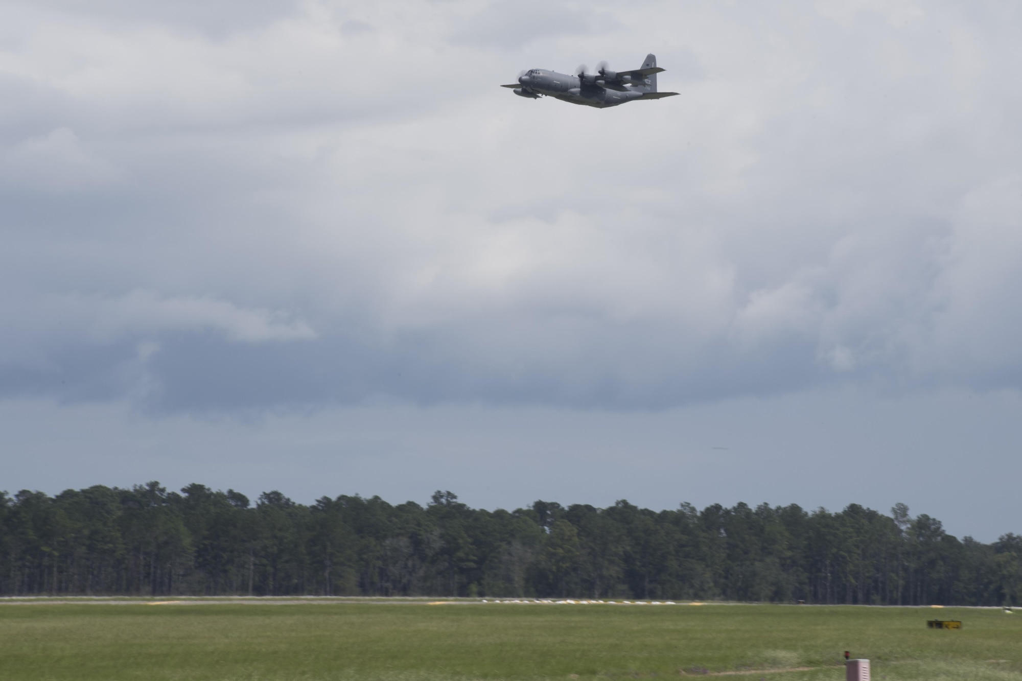 An U.S. Air Force HC-130J Combat King II departs to Texas in preparation of possible hurricane relief support August 26, 2017, at Moody Air Force Base, Ga.