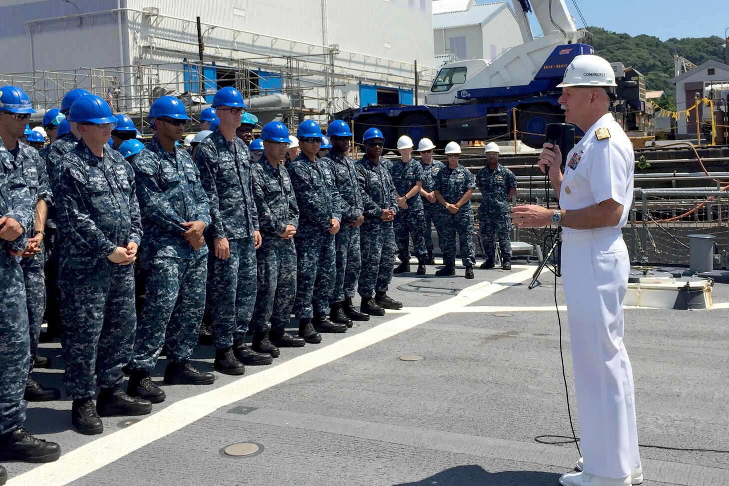 Adm. Scott Swift, commander of U.S. Pacific Fleet speaks with USS Fitzgerald (DDG 62) crew members aboard the guided-missile destroyer. Swift is in Yokosuka meeting with leaders, Sailors and families following his visit to USS John S. McCain (DDG 56) in Singapore.