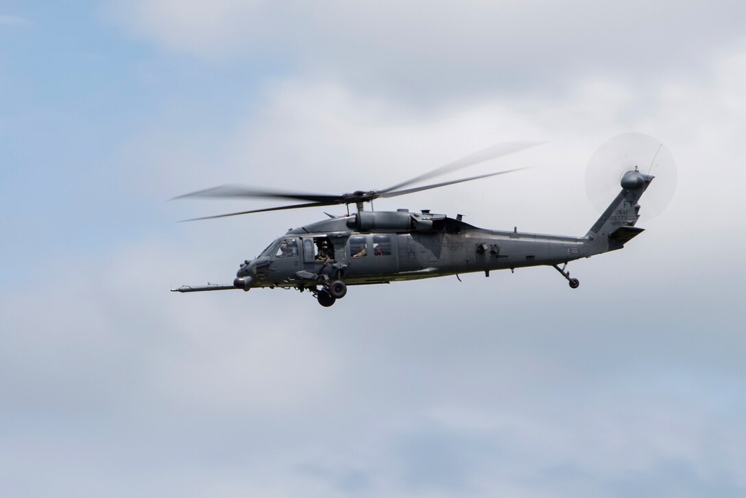 An Air Force HH-60G Pave Hawk helicopter takes off.