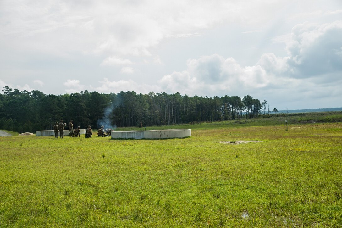 U.S. Marines with Battalion Landing Team 2nd Battalion, 6th Marine Regiment, 26th Marine Expeditionary Unit (MEU), conduct a mortar firing range as part of Realistic Urban Training (RUT) at Camp Lejeune, N.C., Aug. 21, 2017.