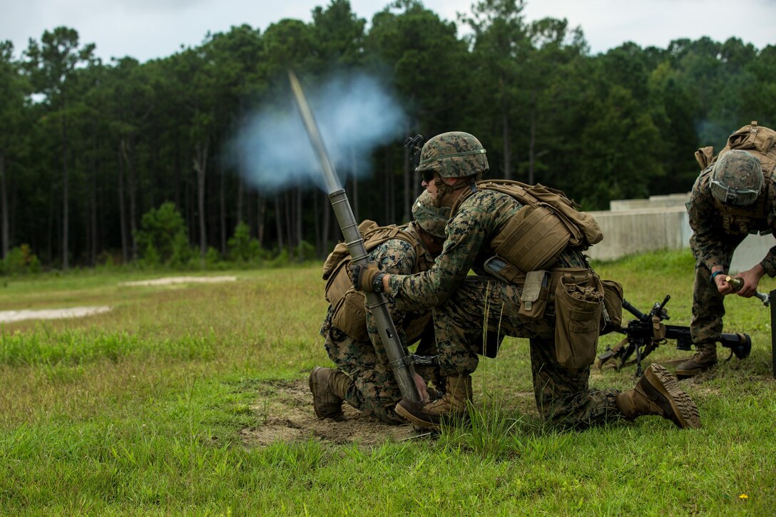 U.S. Marines with Battalion Landing Team 2nd Battalion, 6th Marine Regiment, 26th Marine Expeditionary Unit (MEU), fire an M224A1 60mm mortar system during a mortar firing range as part of Realistic Urban Training (RUT) at Camp Lejeune, N.C., Aug. 21, 2017.