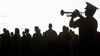 Lance Cpl. Christian Rosario, a bugler with Marine Corps Band New Orleans, performs “Taps” during the end of a memorial honoring nine Marines of Marine Aerial Refueler Transport Squadron 452, Marine Aircraft Group 49, 4th Marine Aircraft Wing, Marine Forces Reserve, at Stewart Air National Guard Base in Newburgh, New York, Aug. 27, 2017. The Marines were among 15 Marines and one sailor killed in a KC-130T accident, July 10, 2017. 