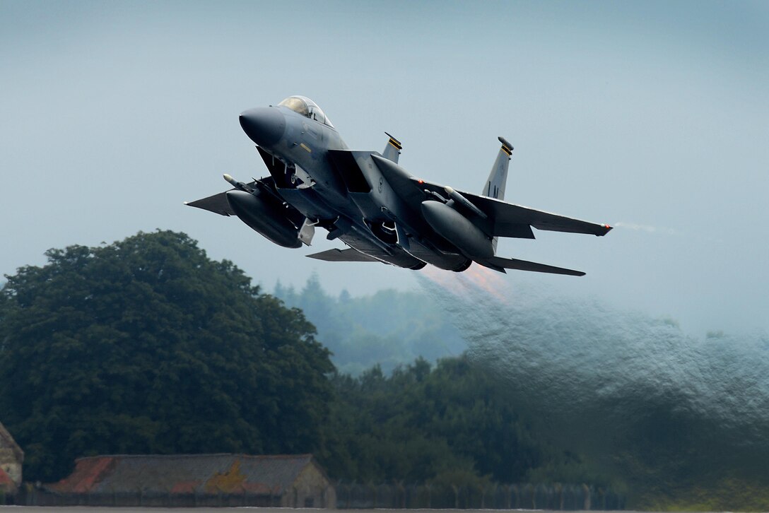 An F-15C Eagle from the 493rd Fighter Squadron takes off from Royal Air Force Lakenheath, England, July 25, 2017. During a surge in flying operations between Aug. 7 and Aug. 16, the 493rd FS completed 158 sorties and 158.8 flying hours. (U.S. Air Force photo/Tech. Sgt. Matthew Plew)
