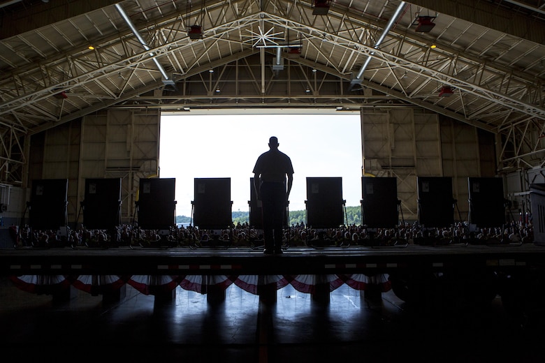 Sergeant Maj. Randall Anderson, sergeant major of Marine Aerial Refueler Transport Squadron 452, Marine Aircraft Group 49, 4th Marine Aircraft Wing, Marine Forces Reserve, performs the final roll call during a memorial service honoring nine Marines from VMGR-452, in Newburgh, New York, Aug. 27, 2017.