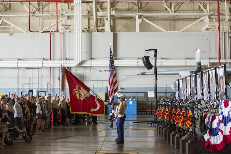 A Color Guard from Marine Aerial Refueler Transport Squadron 452, Marine Aircraft Group 49, 4th Marine Aircraft Wing, Marine Forces Reserve, presents Colors during the National Anthem during a memorial at Stewart Air National Guard Base in Newburgh, New York, Aug. 27, 2017.